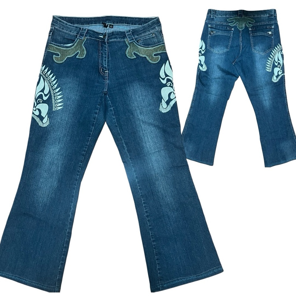 AZI Embroidered  Jeans SZ 14 Denim Stretch Tribal designs Fancy Unique vintage